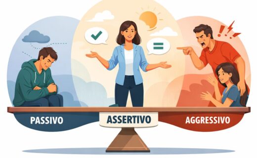 Illustrazione del comportamento assertivo come equilibrio tra passività e aggressività con tre figure a confronto