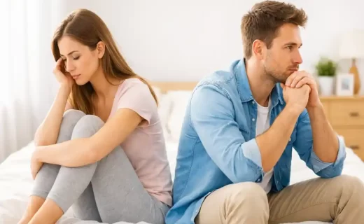 Coppia in difficoltà dopo un tradimento, distanza emotiva tra partner su un letto