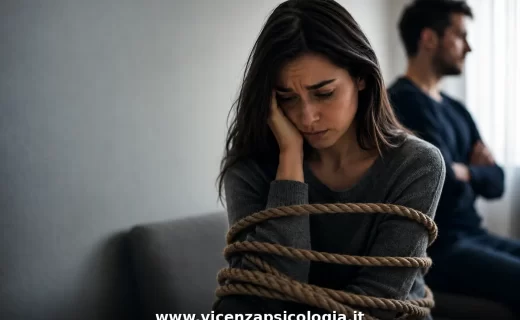 Donna in difficoltà emotiva durante un conflitto di coppia in una relazione tossica.